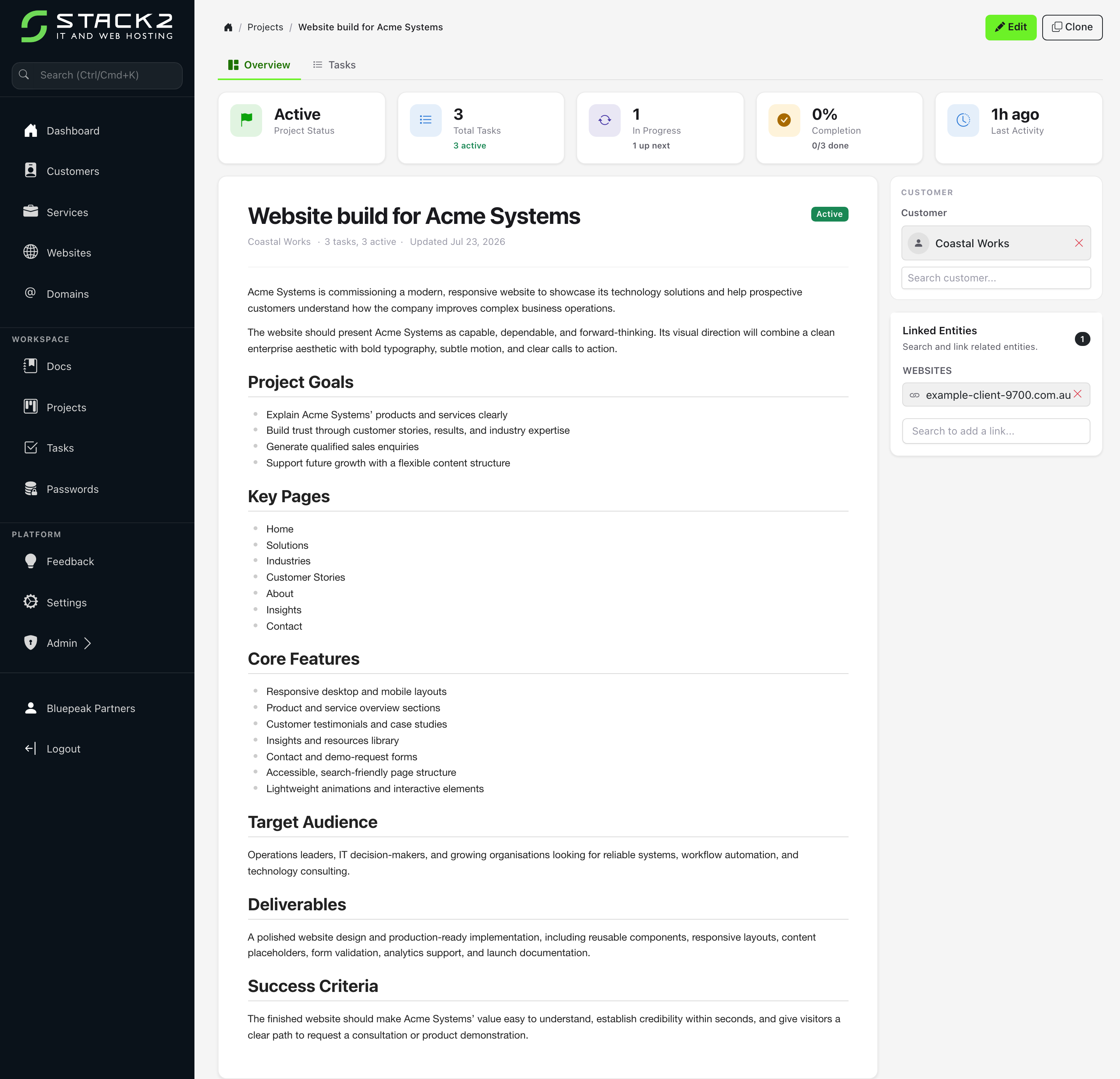 Stack2 Platform project overview page linked to a customer and website record