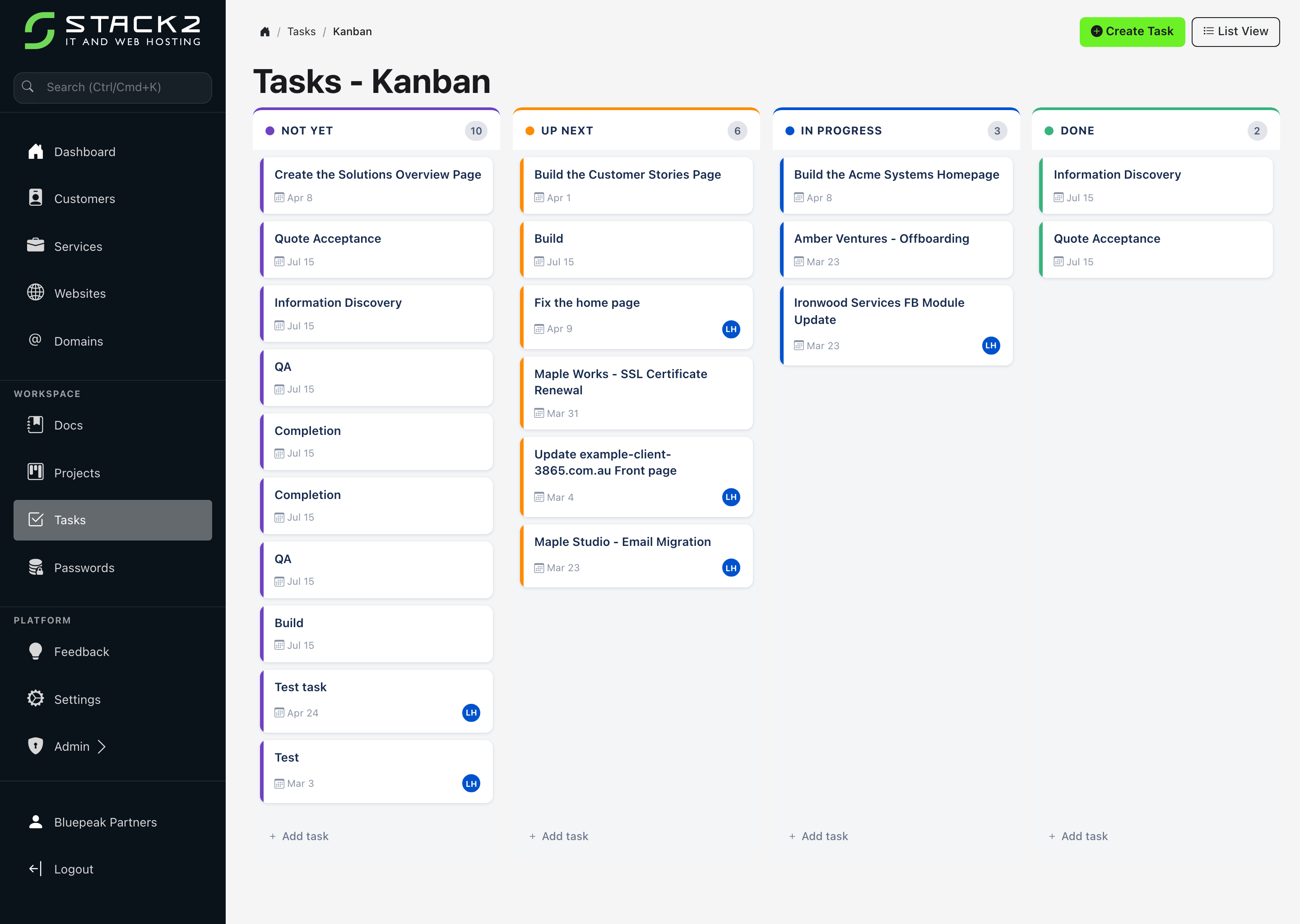 Stack2 Platform Tasks Kanban board showing client work organised into Not Yet, Up Next, In Progress and Done columns