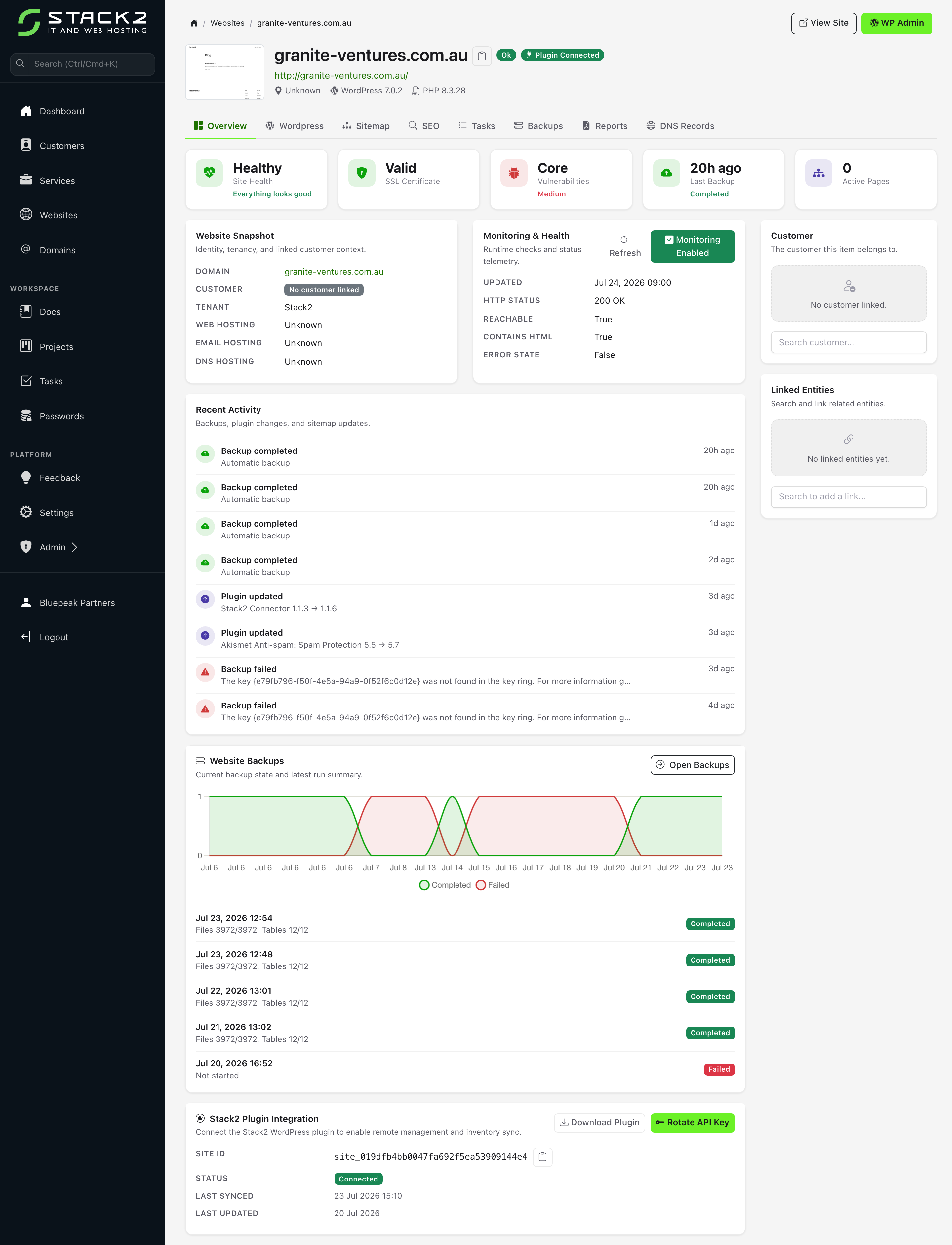 Stack2 Platform website detail page showing site health, SSL, backups and monitoring for a single WordPress site